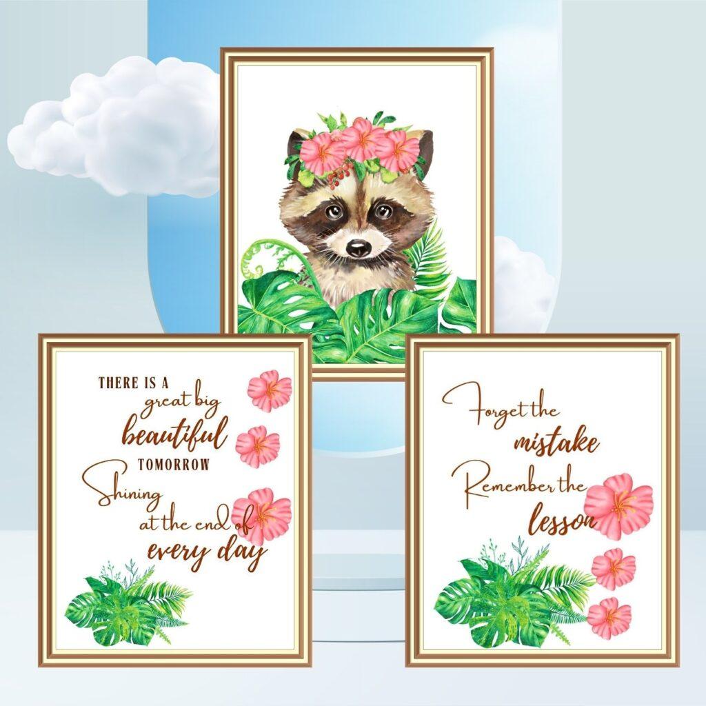 raccoon art prints set of three