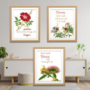flower art with quotes set of 3