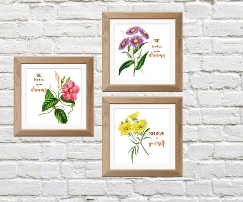 flower wall art décor and quotes set