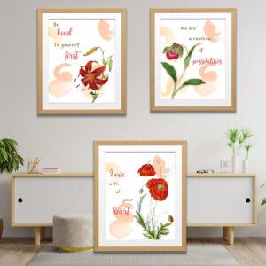 scarlet floral art décor set of 3