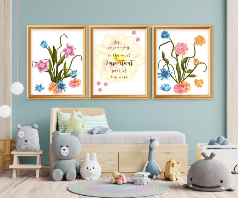 boho floral art set of 3